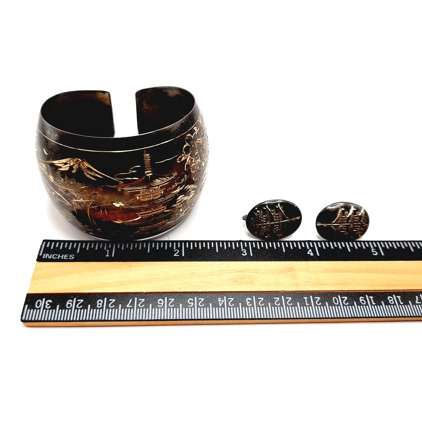 Vintage Japanese Damascene Niello 950 Silver Cuff Bracelet & Screwback Earrings Set