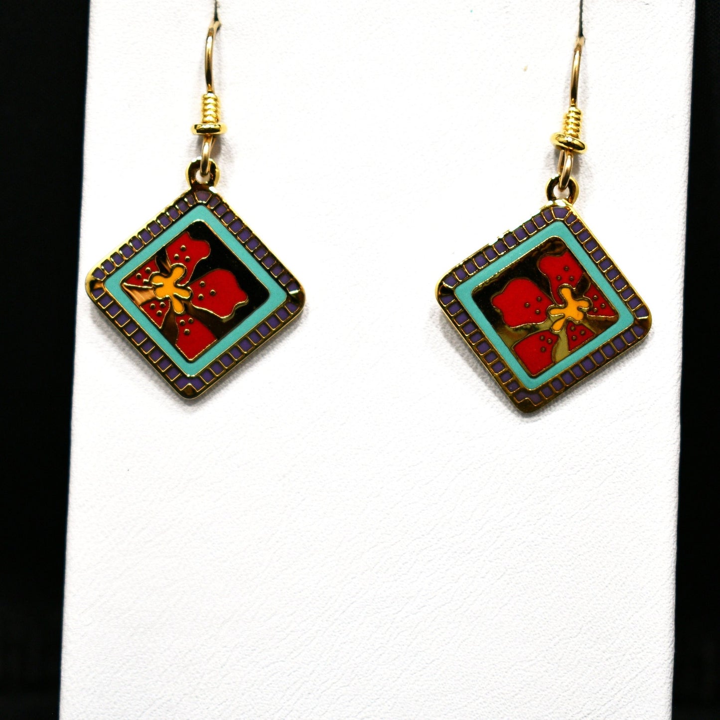 Vintage Laurel Burch "Jasmine For Jodi" Earrings, Red Flower Gold Plated