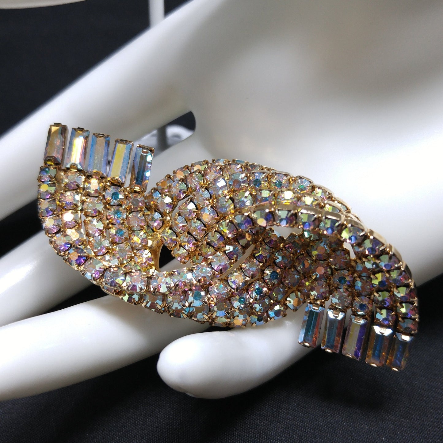 Mid-century Modern AB Rhinestone Brooch Earrings, Gold Plated, 1960s Vintage Jewelry