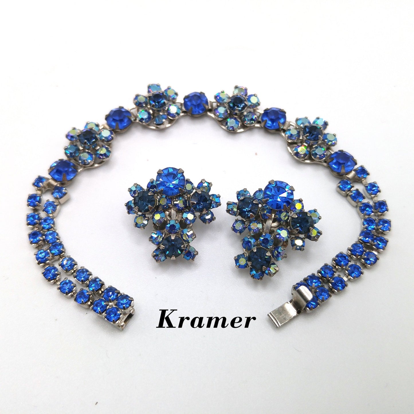 Kramer AB Blue Bracelet Clip Earrings Set, Aurora Borealis, 1960s Vintage Jewelry