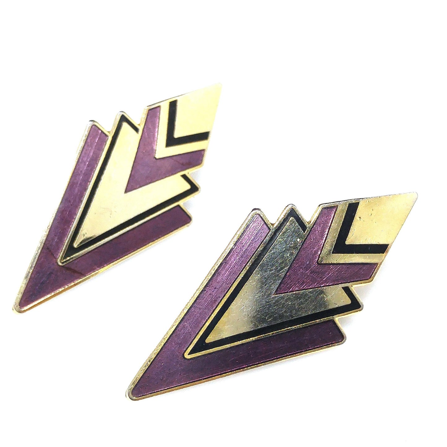 Vintage Laurel Burch Post Earrings, Gold Plated, Plum Black Enamel