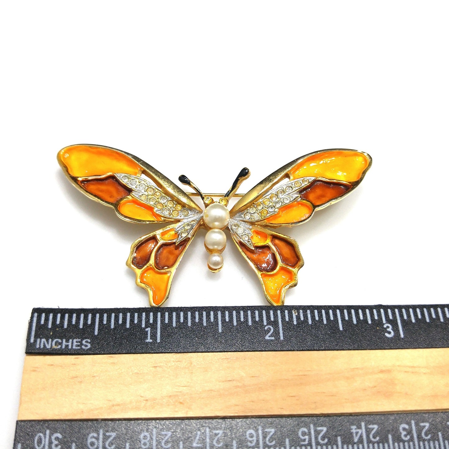 Kramer Orange Enamel Butterfly Brooch, Gold Plated, 1960s Vintage Jewelry