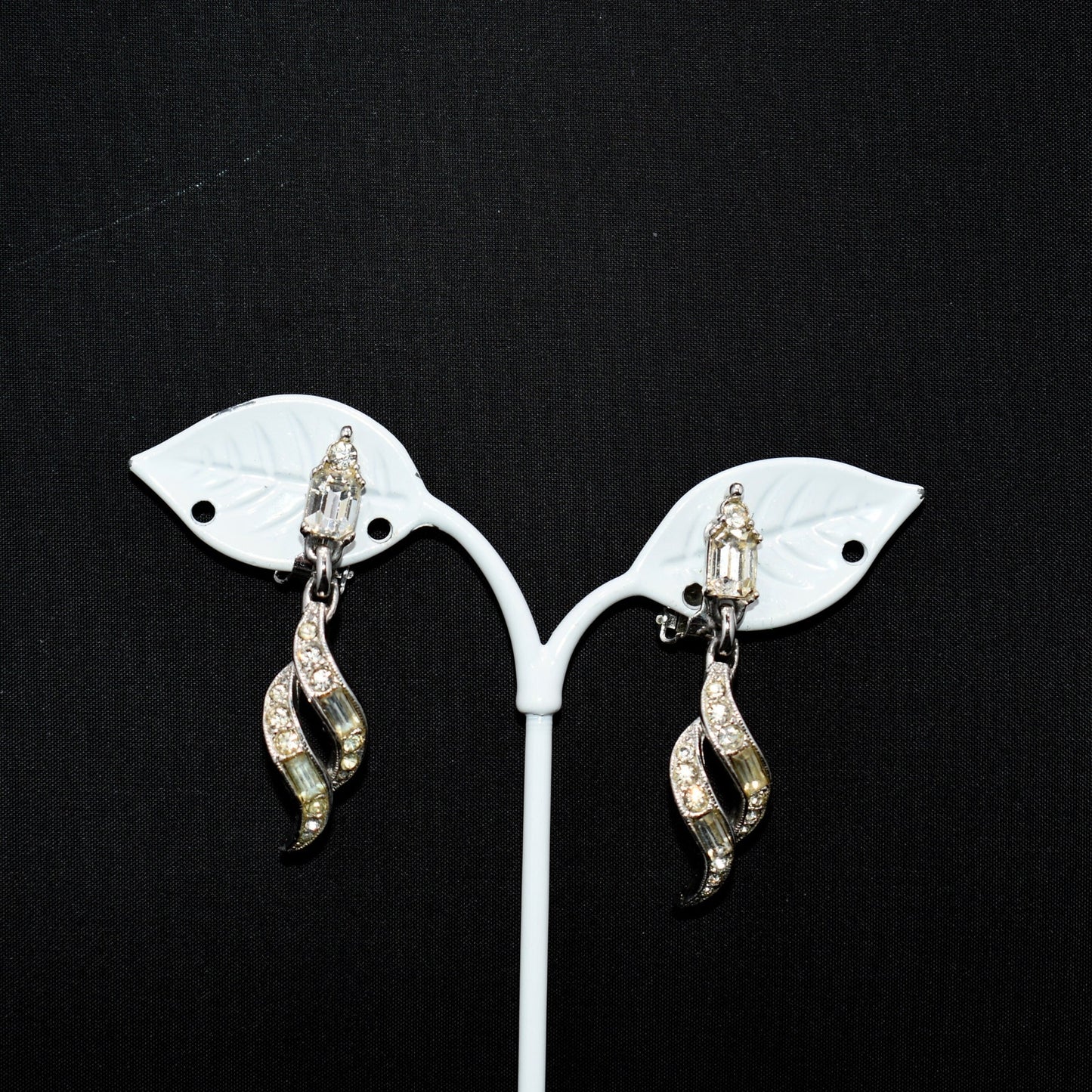 Bogoff Clear Rhinestone Clip Dangle Earrings, Rhodium Plated, Wedding Earrings, 1950s Vintage Jewelry