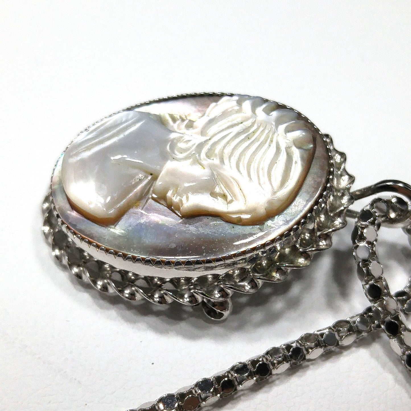 Abalone Shell Cameo Pendant Brooch, 925 Silver Necklace, 1970s Vintage Jewelry
