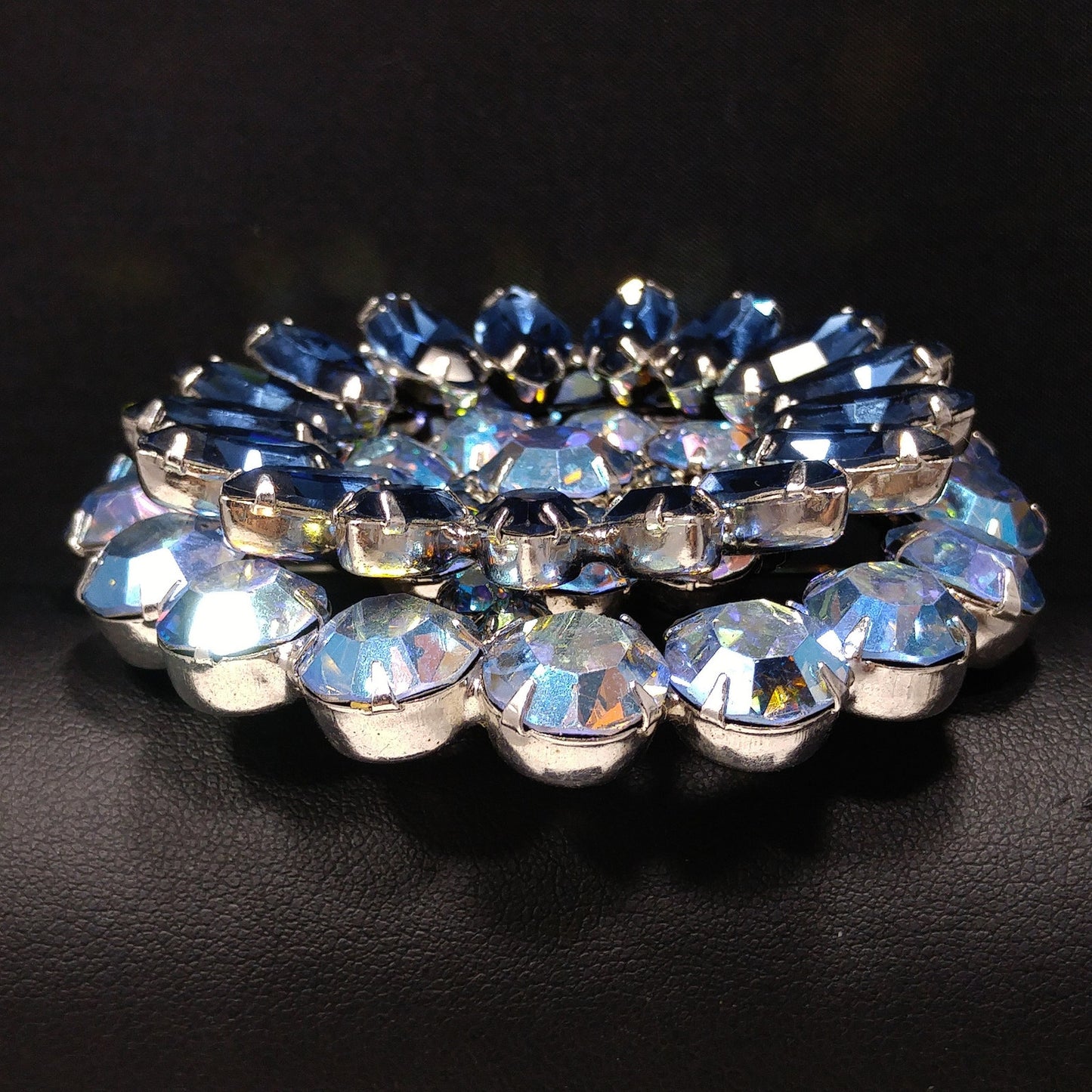Mid Century Blue Aurora Borealis Brooch, Rhodium Plated, 1960s Vintage Jewelry