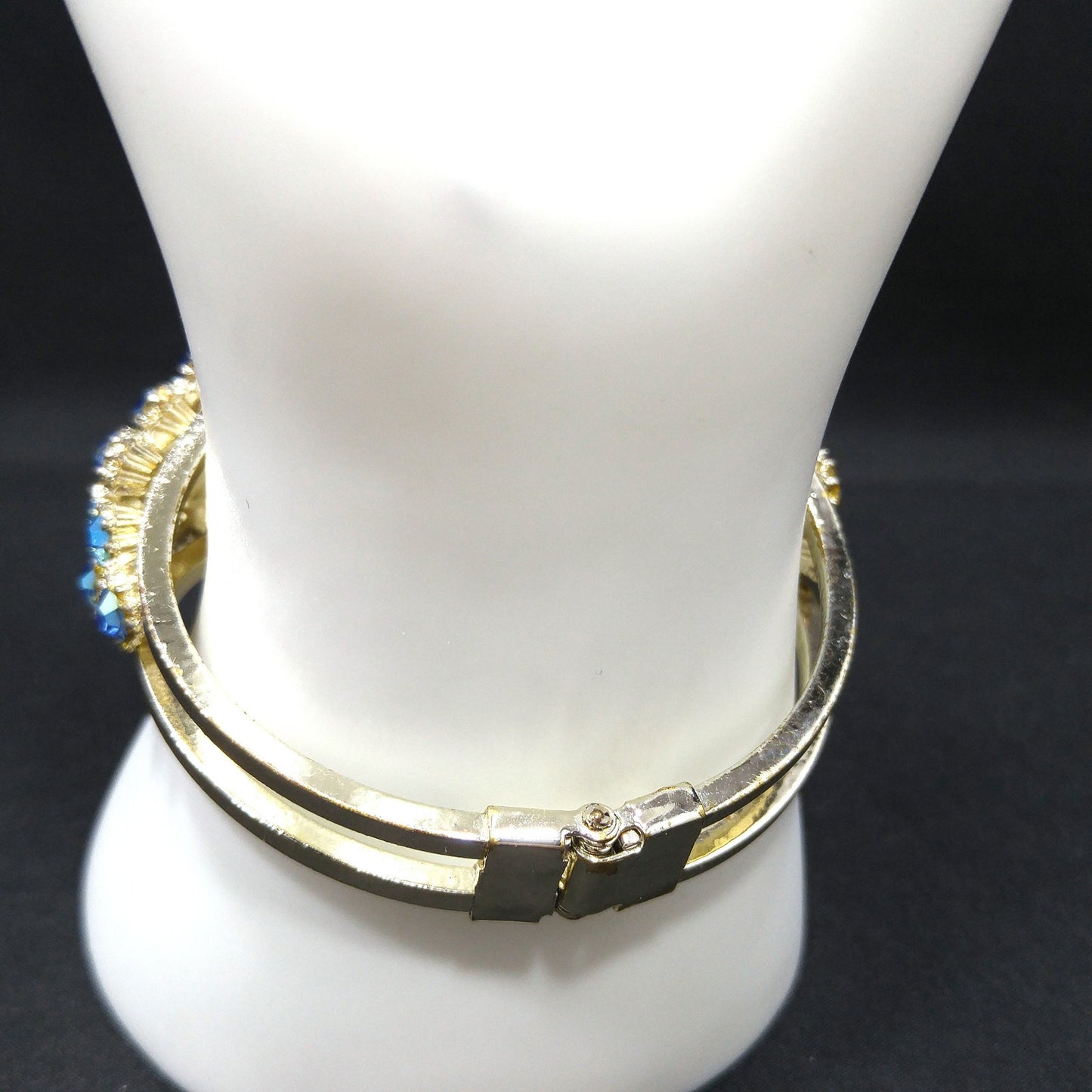 Vintage Blue Aurora Borealis Rhinestone Milk Glass Clamper Bracelet 1960s