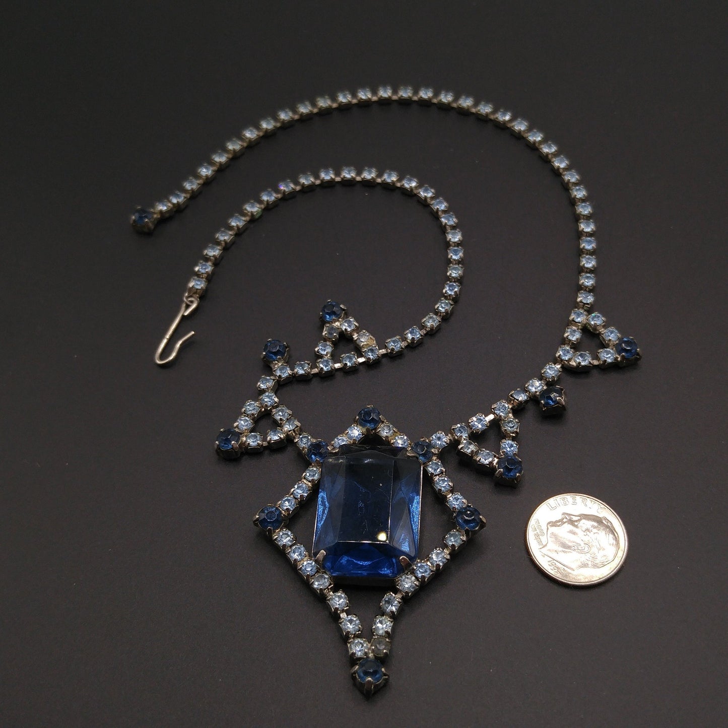 Mid-Century Blue Glass Pendant Necklace, Dark Light Blue Rhinestones, 1950s Vintage Jewelry