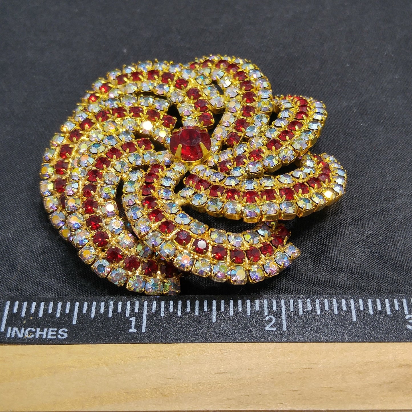 Vintage Pinwheel Rhinestones Brooch, AB Clear Red Rhinestones, Gold Plated, 1960s