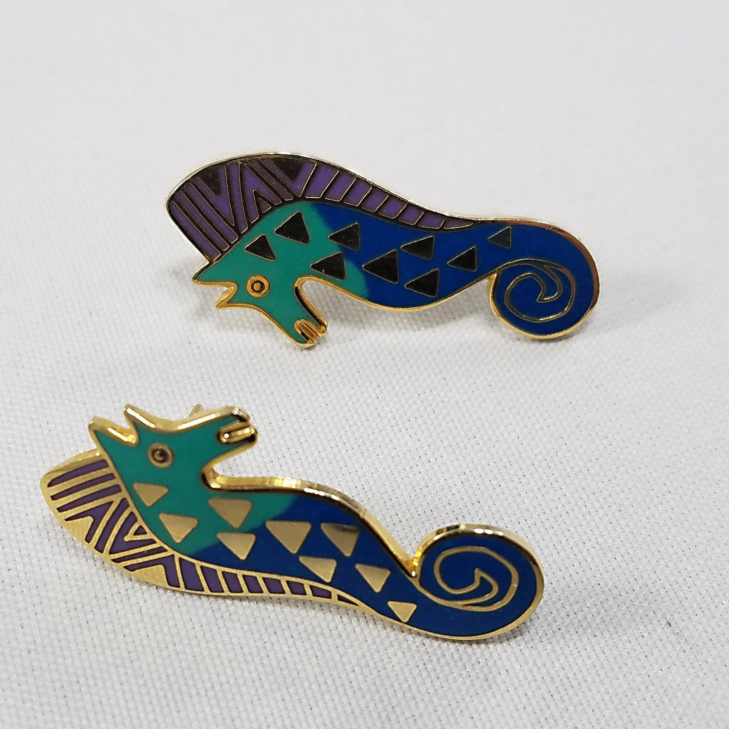 Vintage Laurel Burch "Sea Stallion" Post Earrings Teal Lavender & Gold SEA HORSE