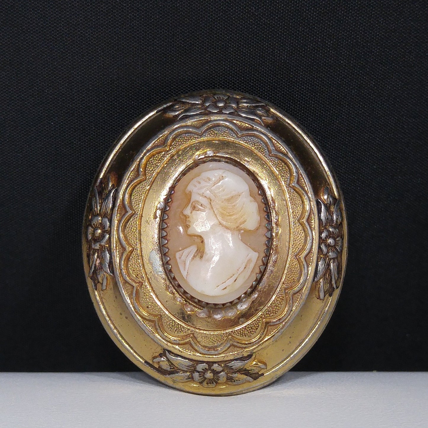Coro Shell Carved Cameo Brooch, Gold Over Silver, 1950s Vintage Jewelry