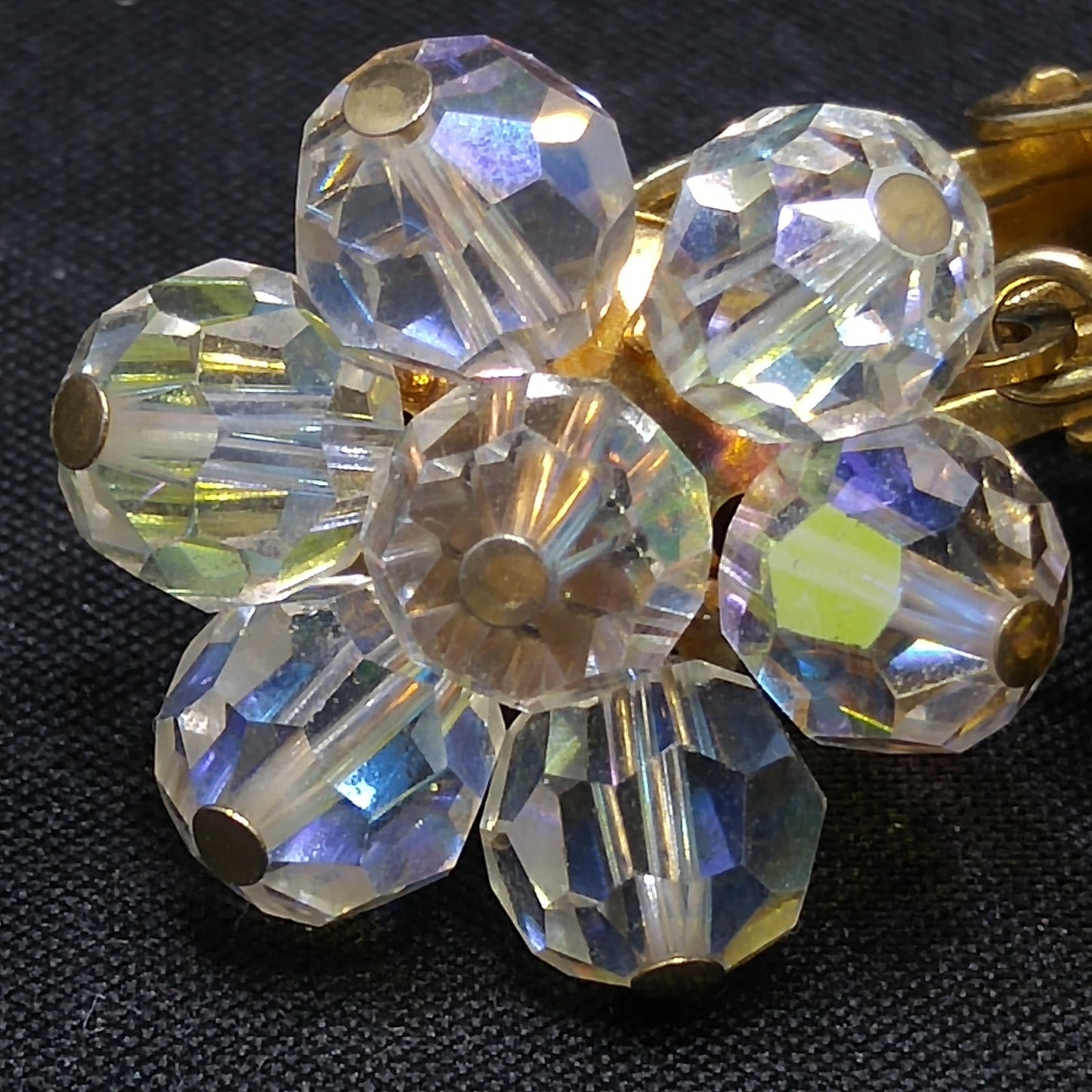 Crystal Rhinestone Dangle Clip Earrings, Aurora Borealis, 1960s Vintage Jewelry