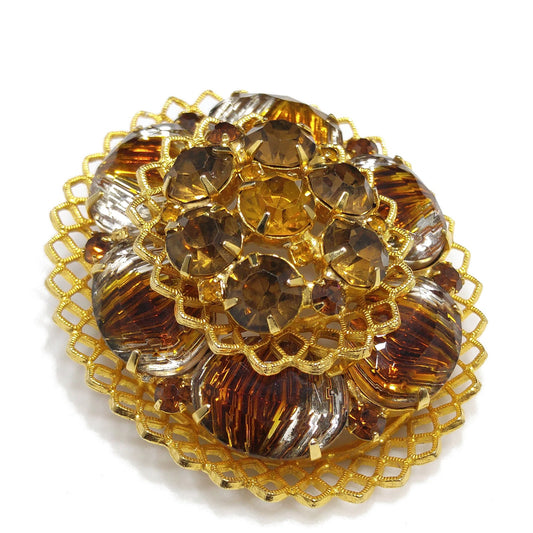 Light Dark Topaz Rhinestones Filigree Brooch, Art Glass, Two Tiered Oval Pin, 1960s Vintage Jewelry