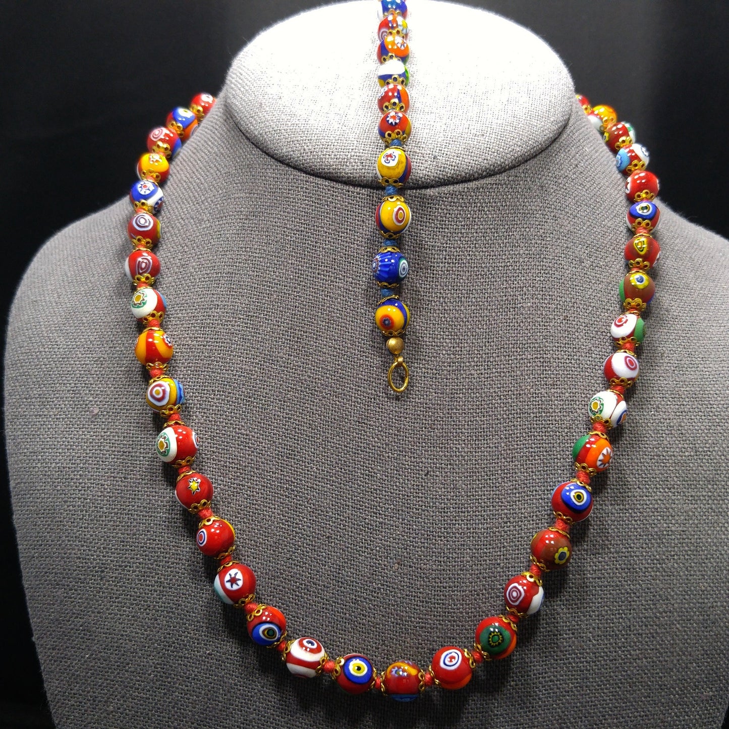 Murano Millefiori Beaded Necklace Bracelet Set, Hand Blown Glass, Hand Knotted in Red, 1950s Vintage Jewelry