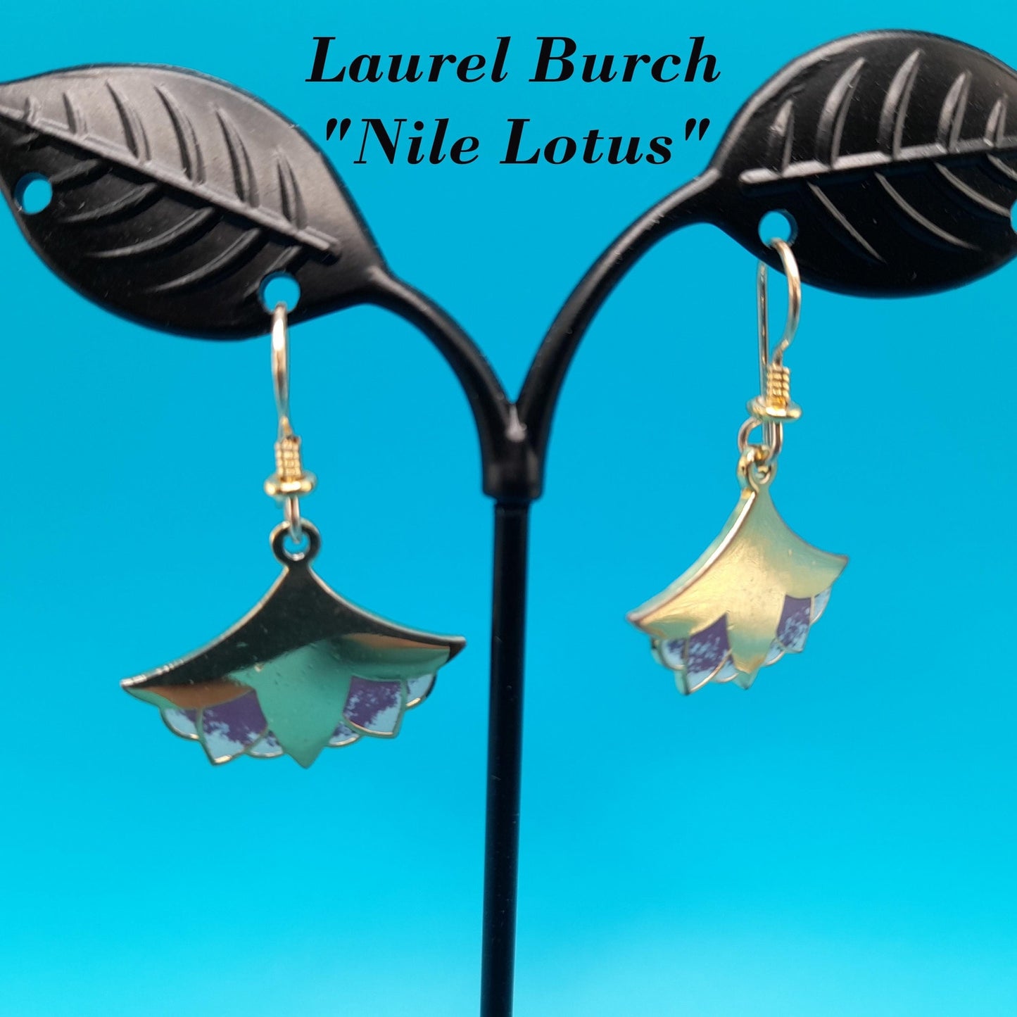 Laurel Burch "Nile Lotus" Drop Earrings, Gold Plated, Enamel Light Blue Purple, 1980s Vintage Jewelry