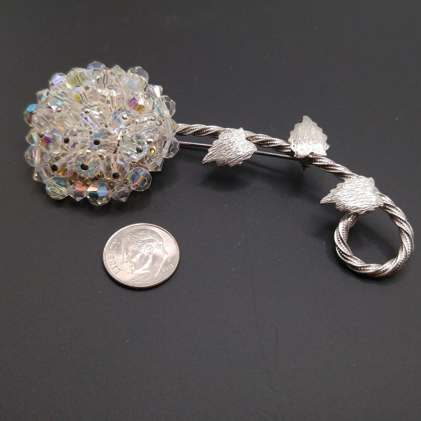 Vintage Austrian Crystal Flower Brooch, Aurora Borealis, Rhodium Plated Stem Leaves, 1960s Vintage Jewelry