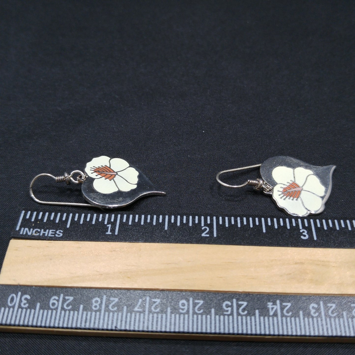 Vintage Laurel Burch "Hibiscus Heart" Earrings, Enamel Rhodium Plated