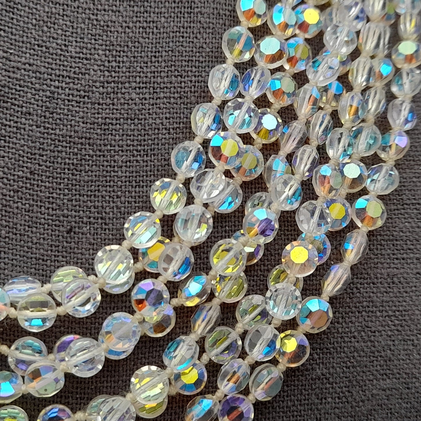 Vintage Flat Crystal Eight Strand Necklace, Hand-knotted, Aurora Borealis