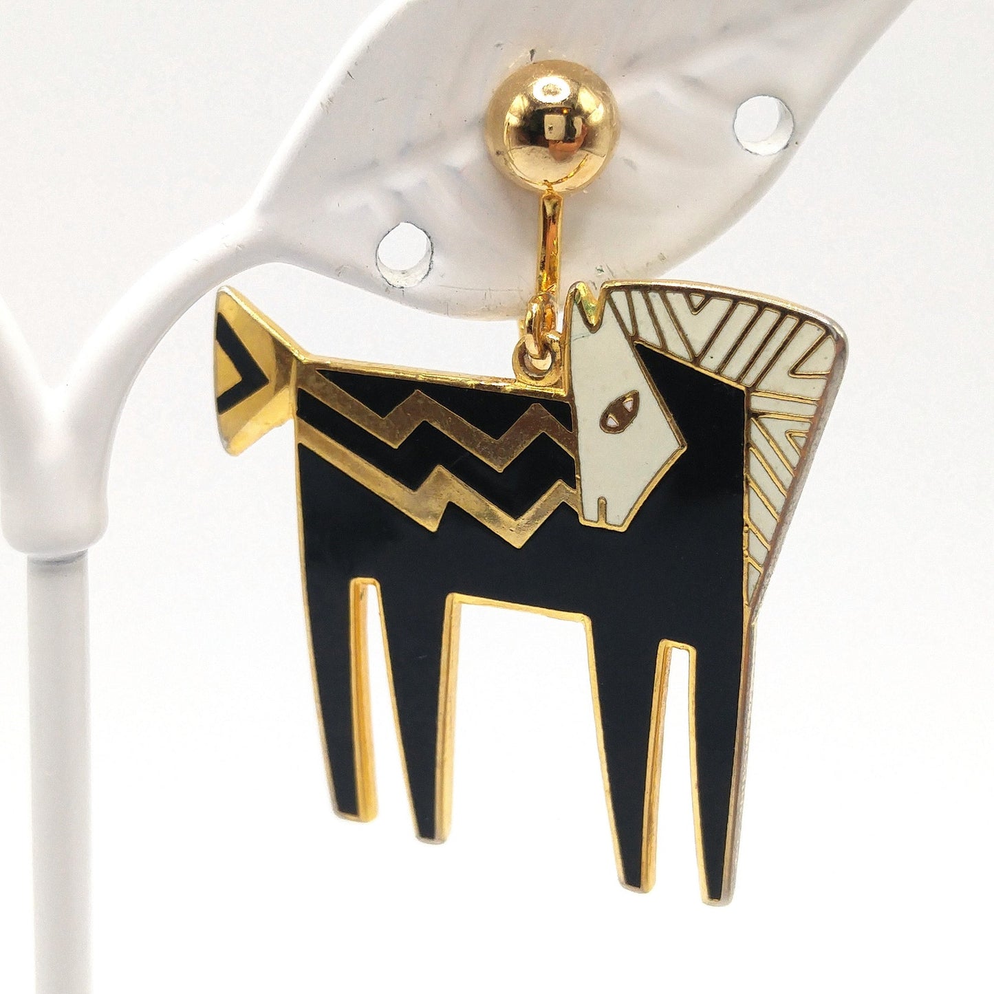 Laurel Burch "Temple Horse" Clip Earrings, Black White Enamel, Gold Plated, 1980s Vintage Jewelry