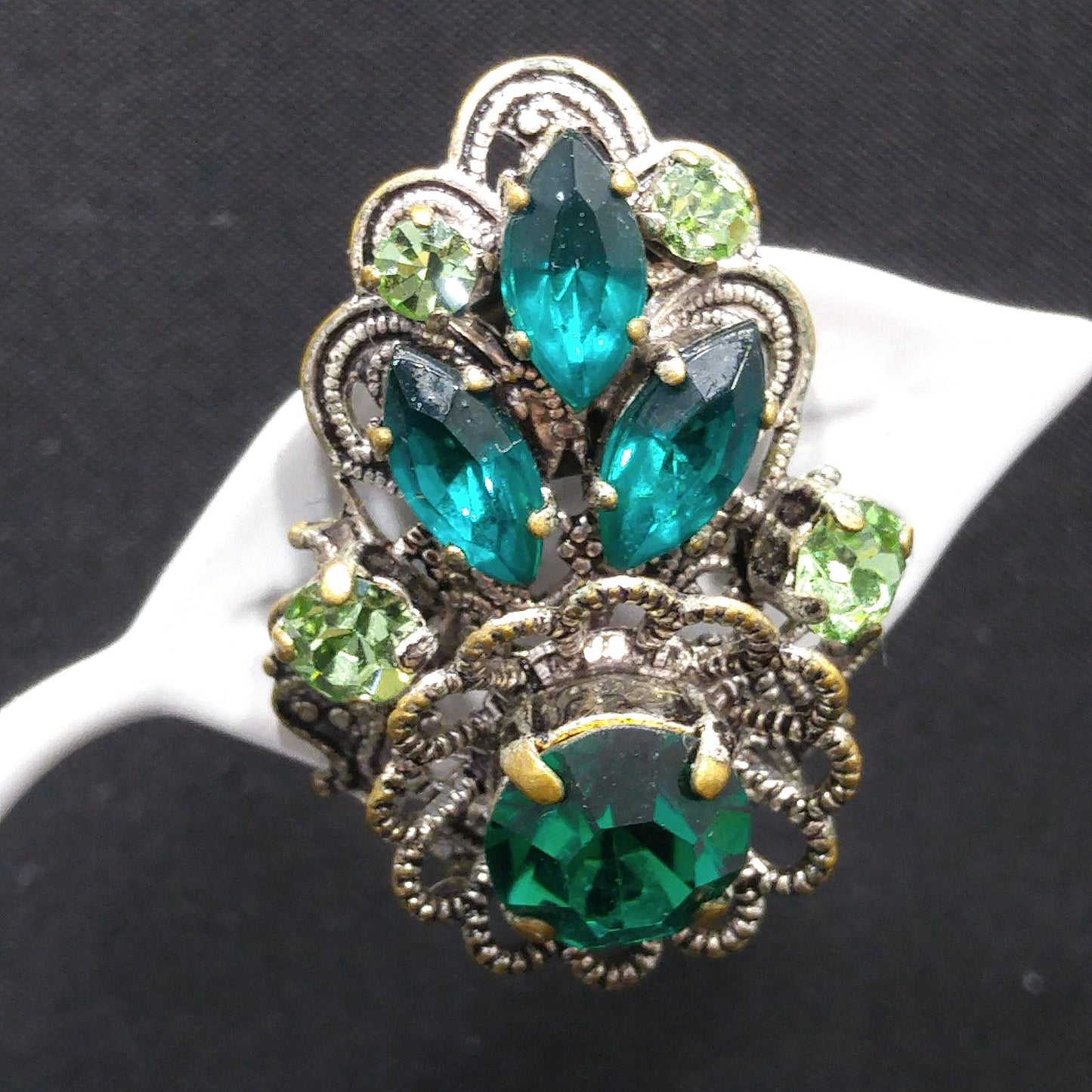 Western Germany Green Filigree Clip Earrings, Light Dark Green Rhinestones, 1950s Vintage Jewelry