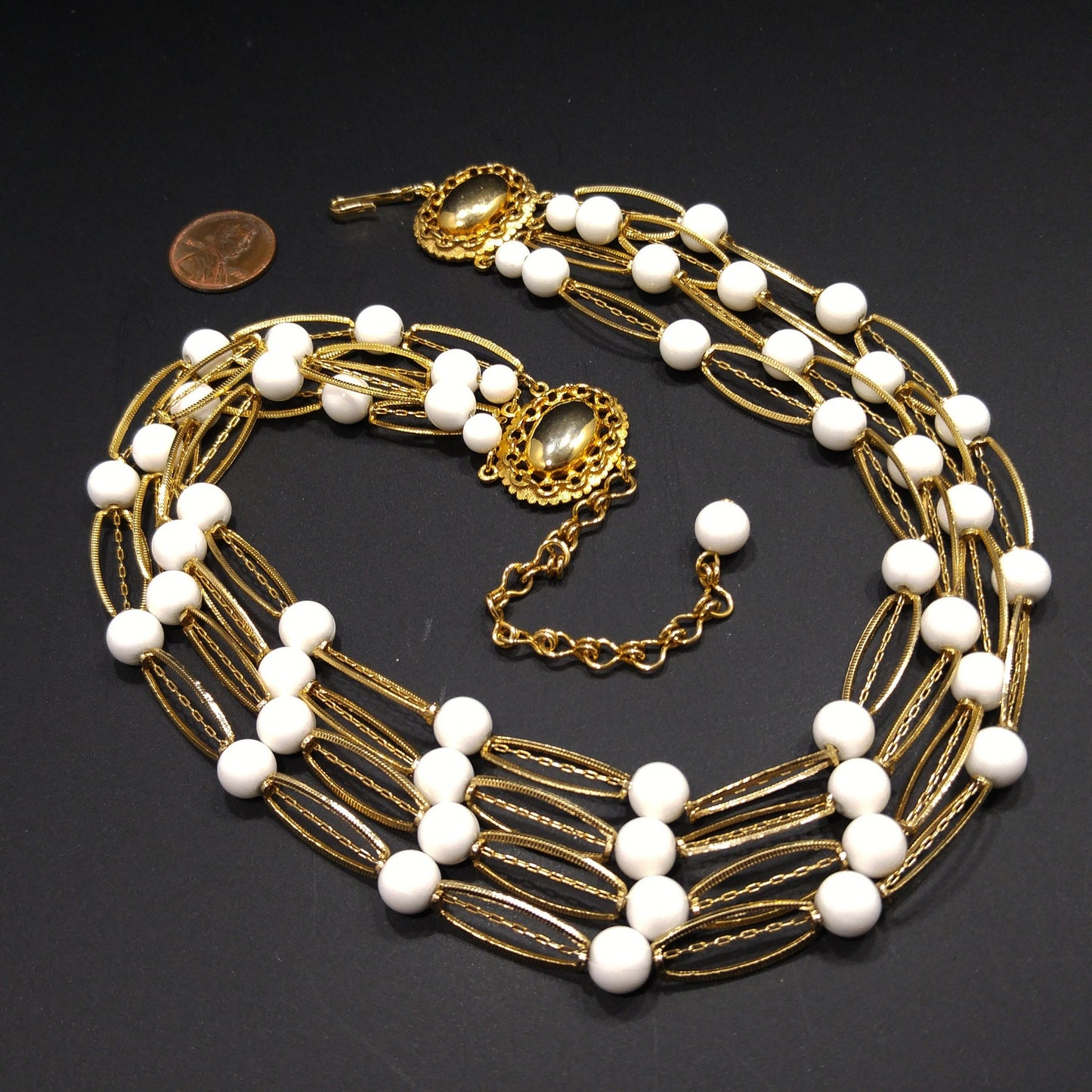 Kramer White Lucite 4 Strand Necklace, Gold tone, 1950s Vintage Jewelry