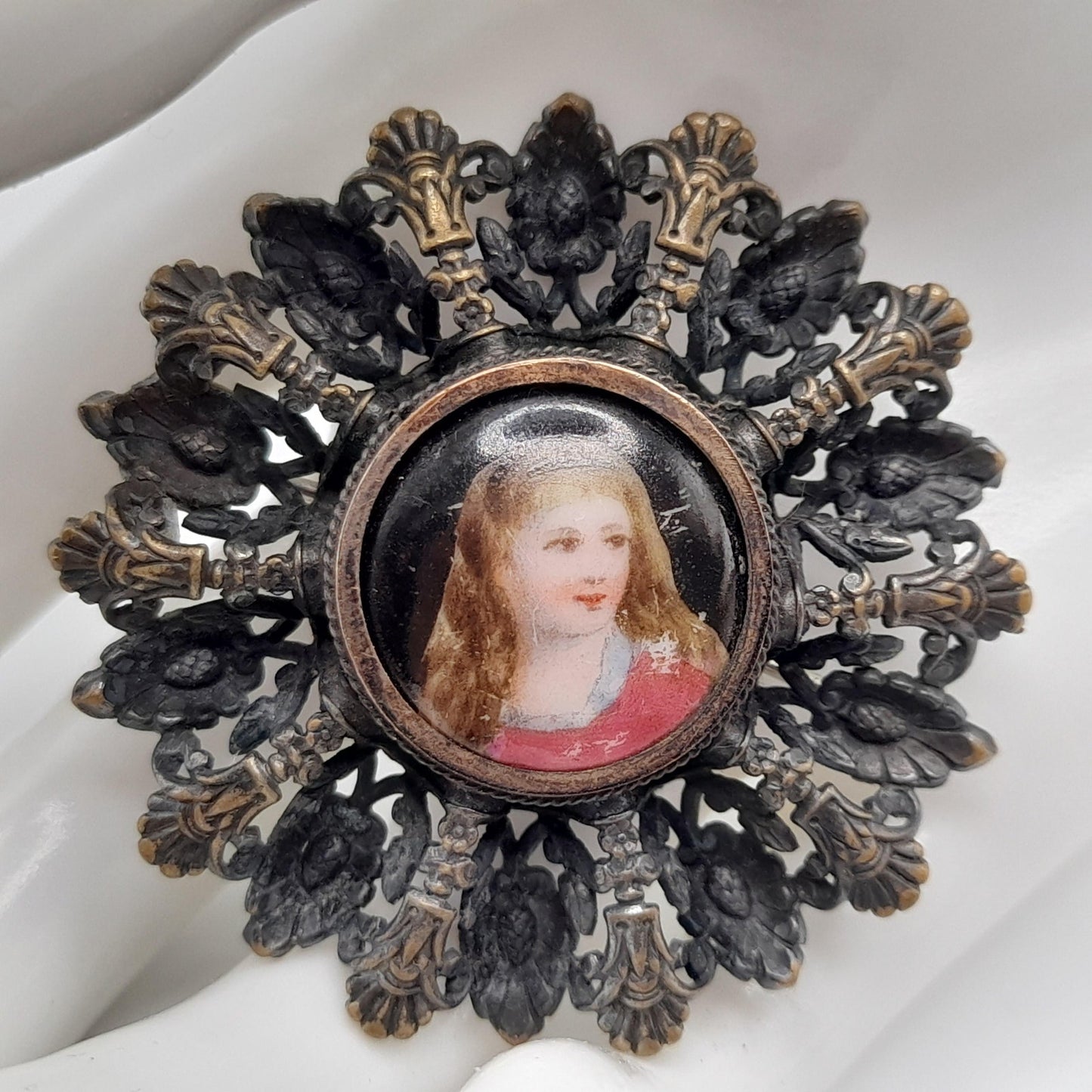 Antique Edwardian Portrait Brooch, C Clasp, Brass Filigree, Early 1900s