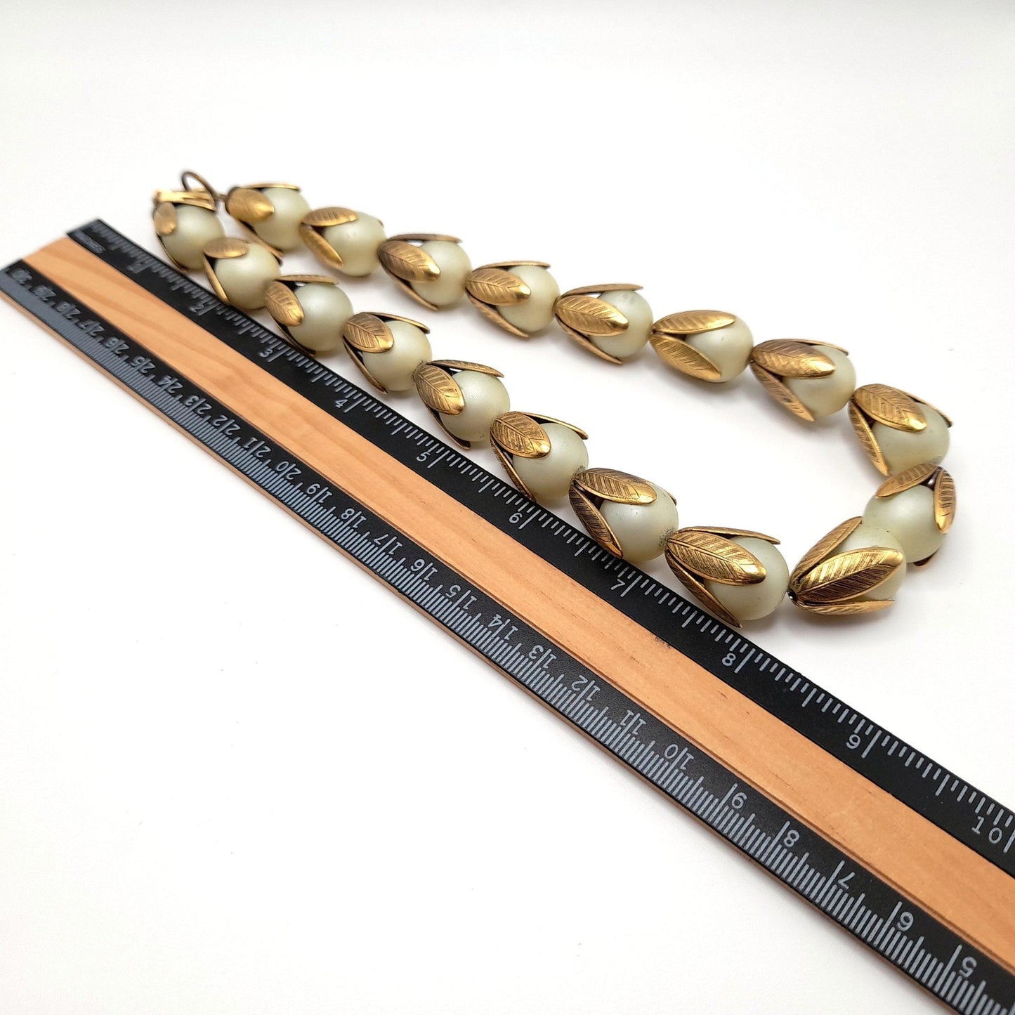 Lenora Dame Faux Pearl Necklace, Gold Tone Leaf Caps, Vintage Jewelry
