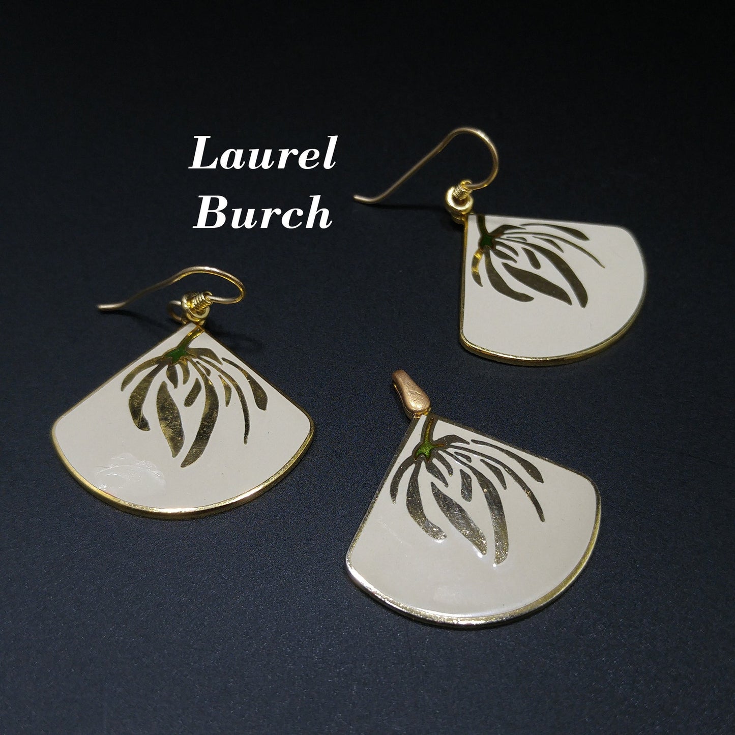 Laurel Burch Willow Earrings & Pendant, Creamy White Enamel, Gold Plated, 1980s Vintage Jewelry
