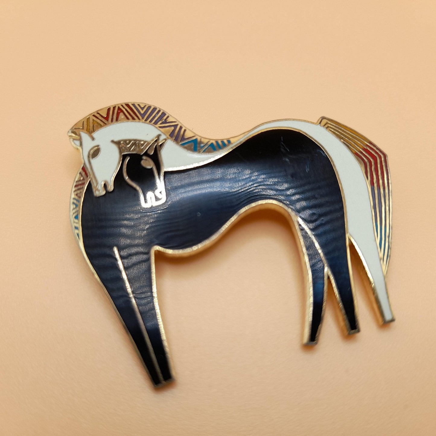 Laurel Burch "Embracing Horses" Brooch, Gold Plated, Black White Horse, 1980s Vintage Jewelry