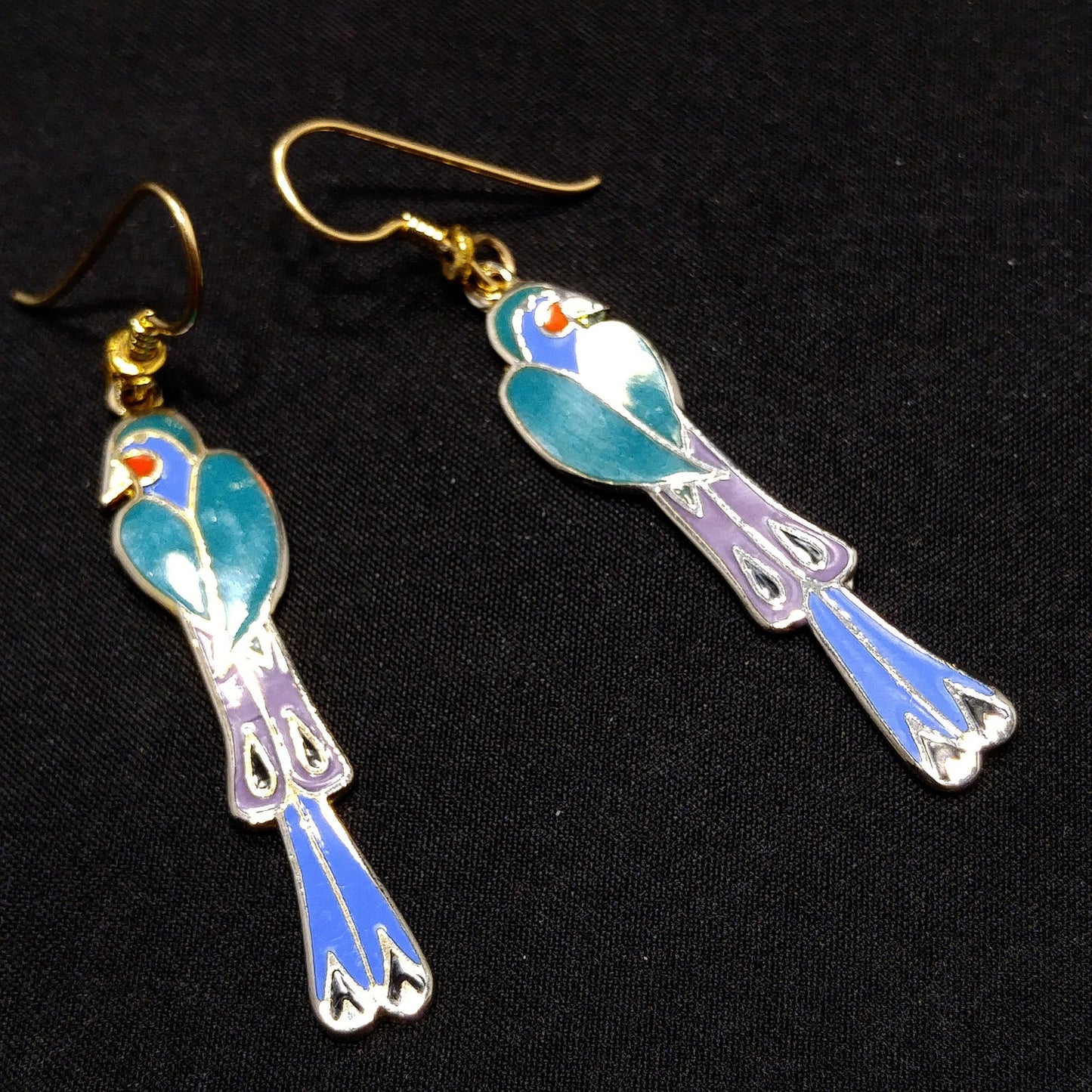 Laurel Burch "Mayan Bird" Long Earrings, Cloisonne & Enamel, 1980s Vintage