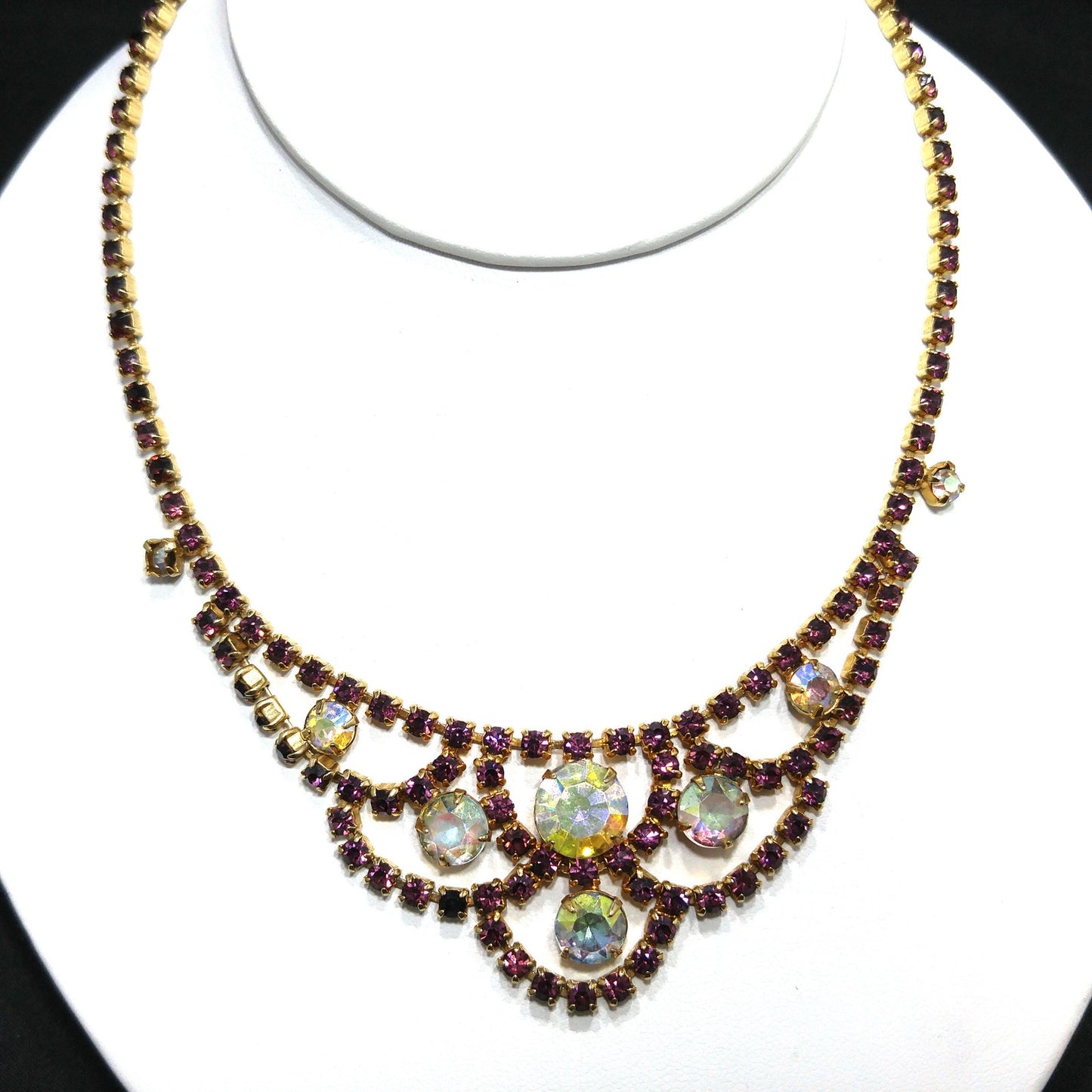 Vintage Purple AB Clear Rhinestone Choker Necklace, Gold Plated, Aurora Borealis, 1960s Vintage Jewelry