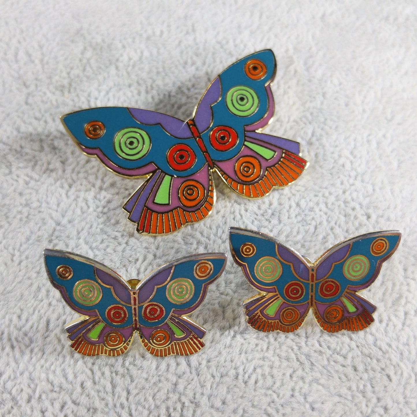 Laurel Burch "Summer Butterfly" Brooch & Earrings, Gold Plated Cloisonne' Enamel, 1980s Vintage Jewelry