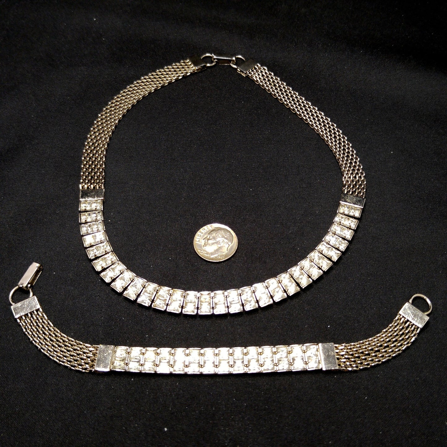 Art Deco Clear Rhinestone Choker Necklace Bracelet Set, Silver Tone Mesh, 1950s Vintage Jewelry