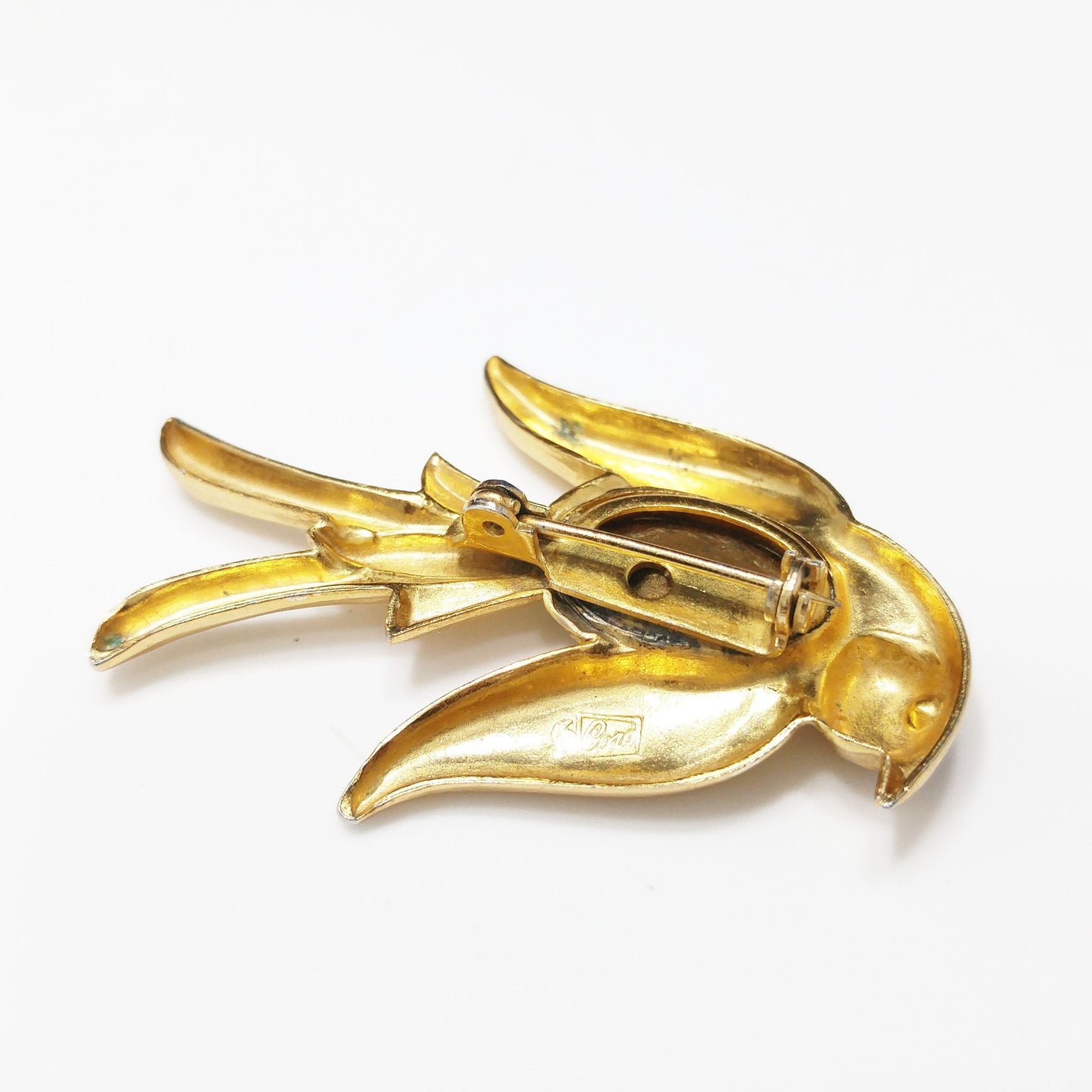Coro Pegasus Bird Brooch, Clear Faceted Rhinestone Red Eye, 1940s Vintage Jewelry