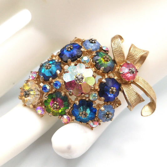 Vintage Margarita Rhinestone Brooch, Floral Multicolor Cluster Bow, 1960s Vintage Jewelry