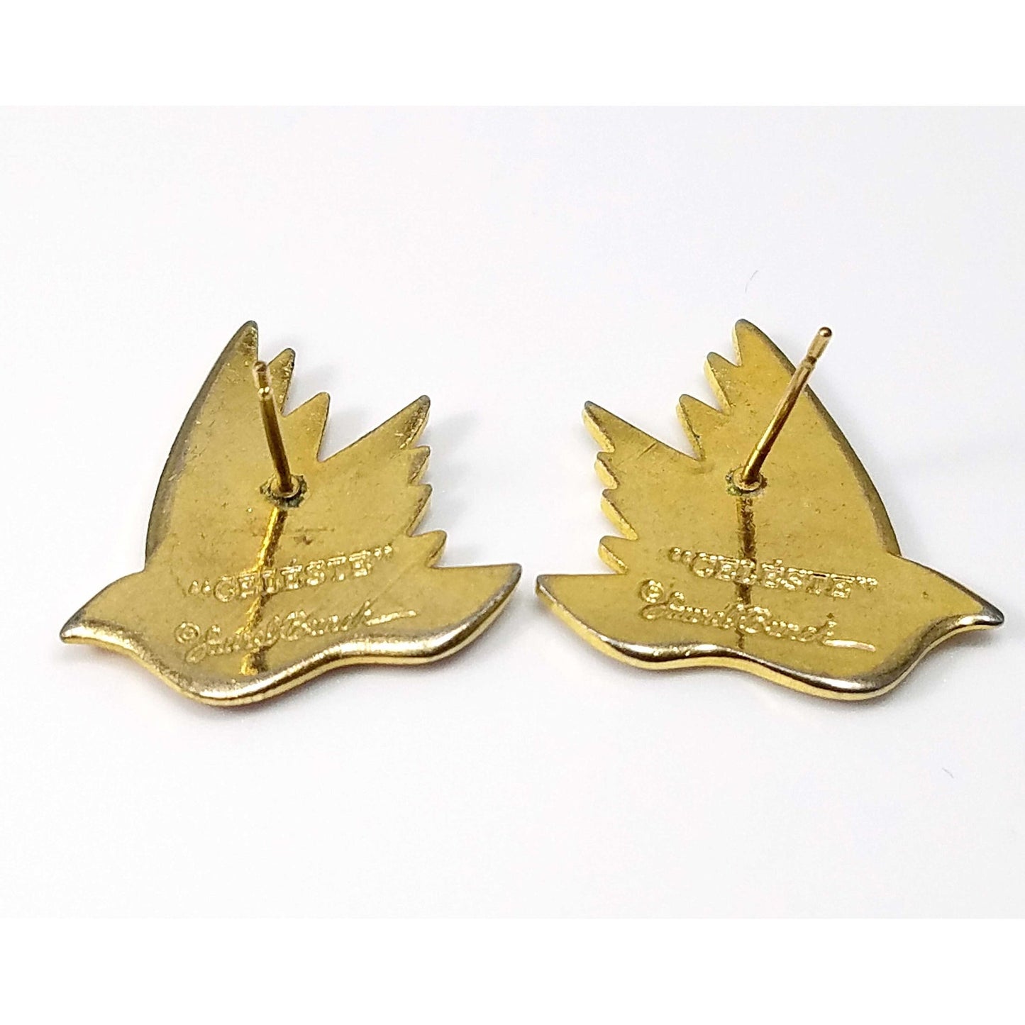 Laurel Burch "Celeste" Bird Earrings, Gold Plated Cloisonne Enamel, 1980s