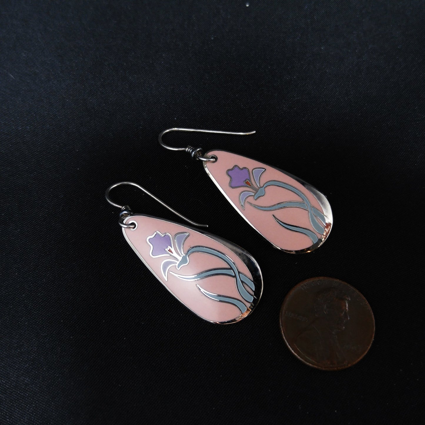 Laurel Burch "Wild Iris" Pink Enamel Earrings, Silver Tone, Gold Plated, 1980s