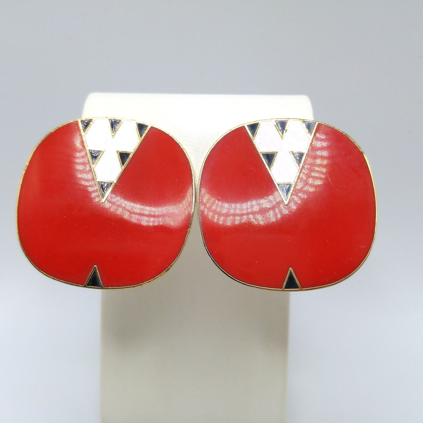 Laurel Burch "Mantra" Large Clip Earrings, Red White Black Enamel, Gold Plated, 1980s Vintage Jewelry