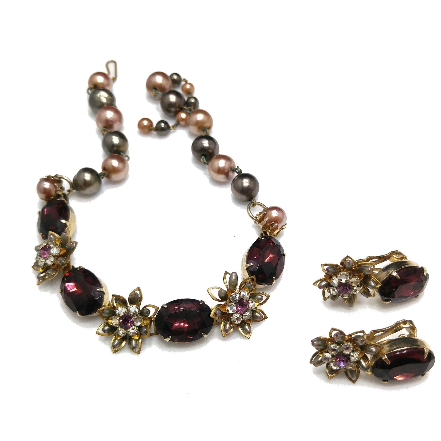 Purple Rhinestone Floral Necklace Earrings, Faux Pearls, 1950s Vintage Jewelry
