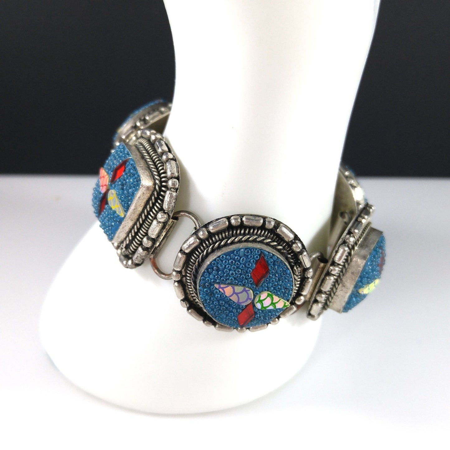 Art Crafted Five Linked Bracelet, Silver Tone, Iridescent Design, 1960s Vintage Jewelry
