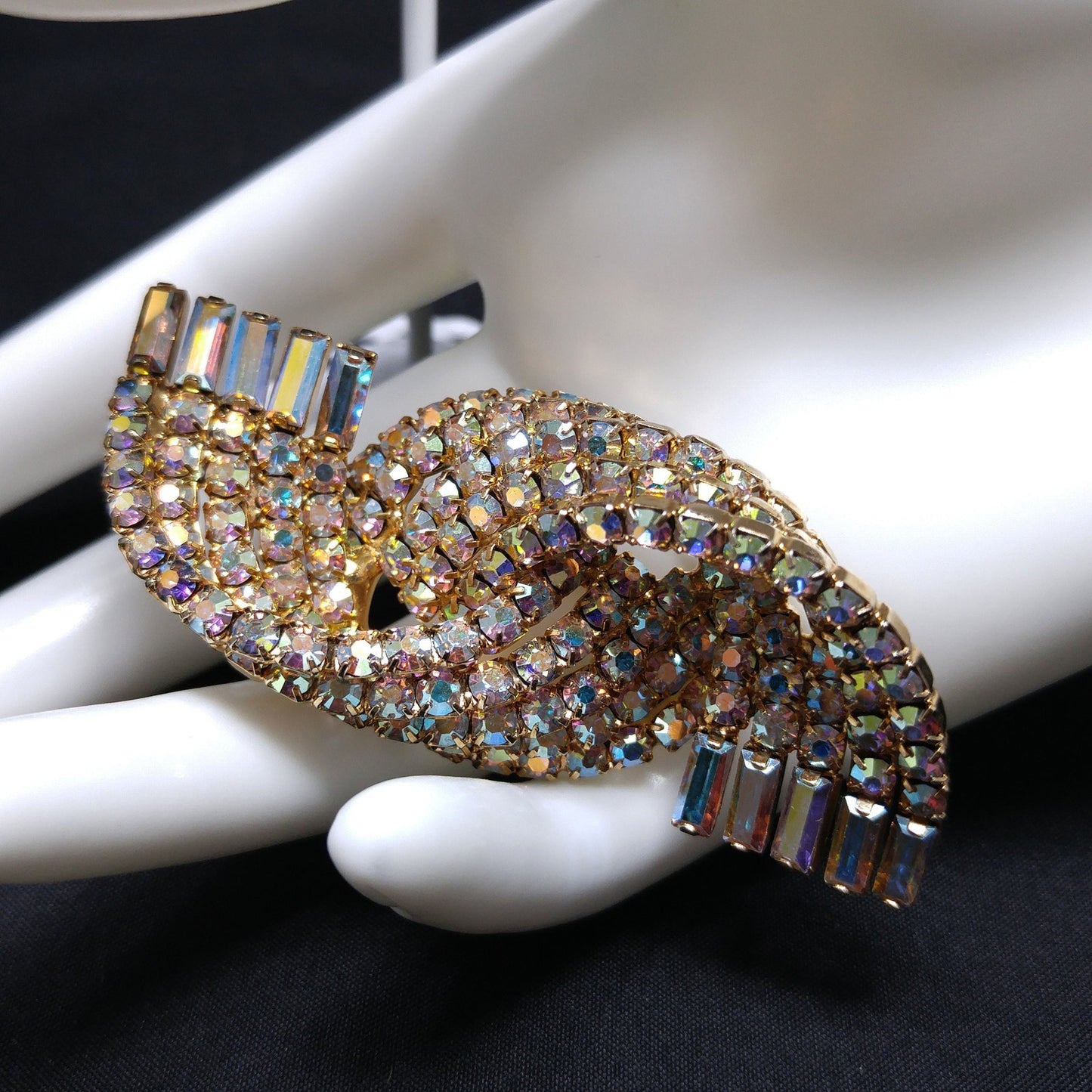 Mid-century Modern AB Rhinestone Brooch Earrings, Gold Plated, 1960s Vintage Jewelry
