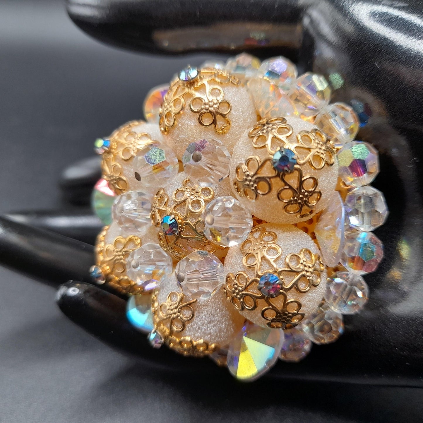 Vintage Crystal Bead Brooch, Aurora Borealis, Art Glass Globes, Filigree End Caps, 1960s Vintage Jewelry