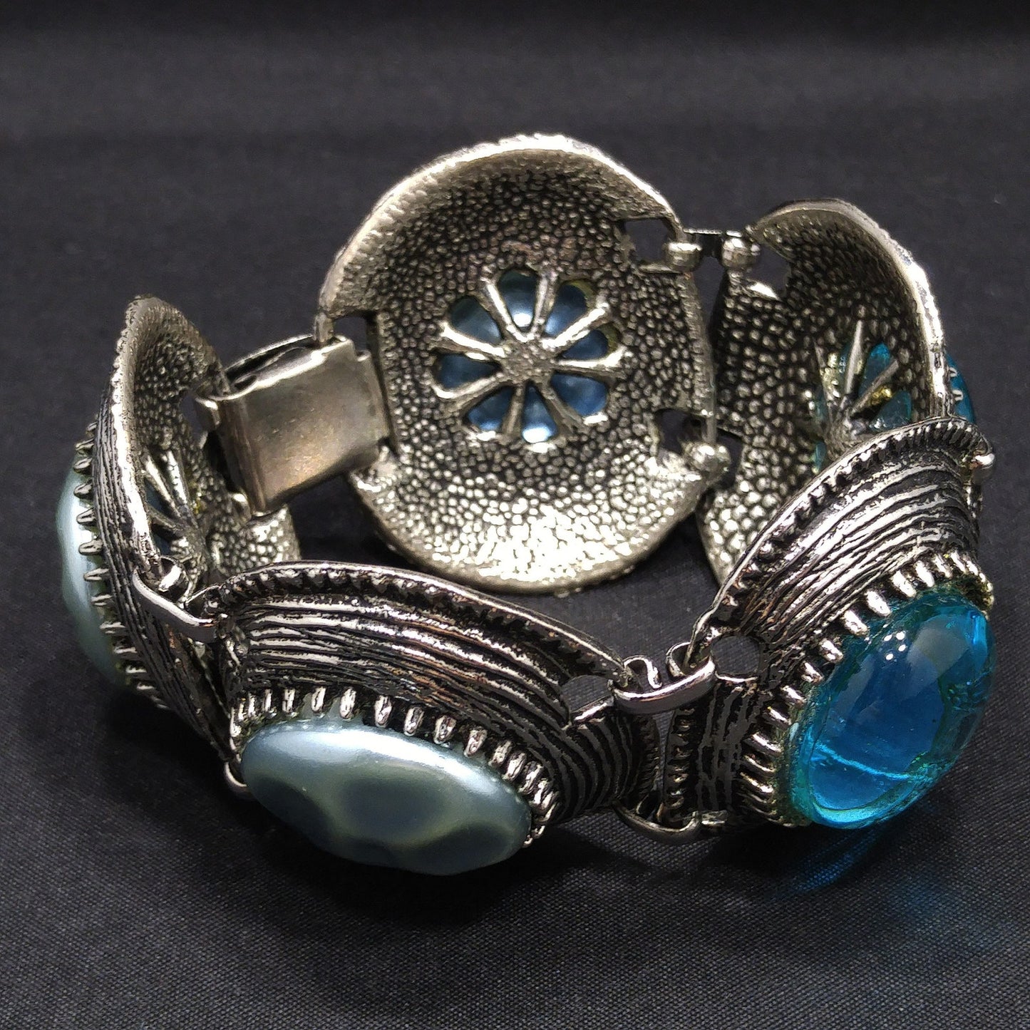 Mid-century Silver Tone Five Link Bracelet, Gold Plated, Blue Lucite Pearled & Clear