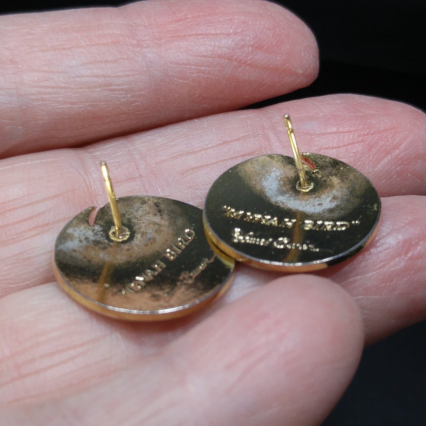 Laurel Burch "Mynah Bird" Blue Post Earrings, Gold Plated Cloisonné, 1980s