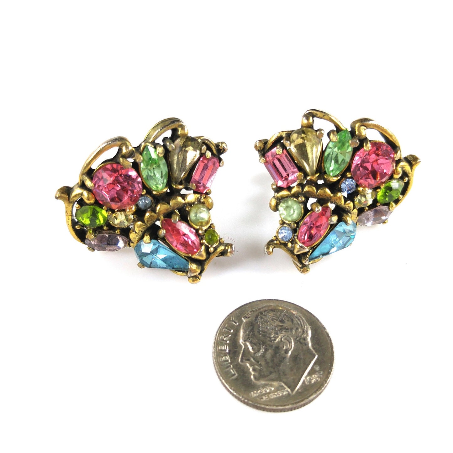 Hollycraft 1953 Pastel Rhinestone Earrings, Mid-Century Screw Backs, 1950s Vintage Jewelry