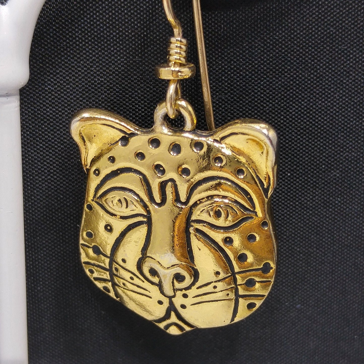 Laurel Burch Tiger Face Dangle Earrings, Gold Plated, 1980s Vintage Jewelry