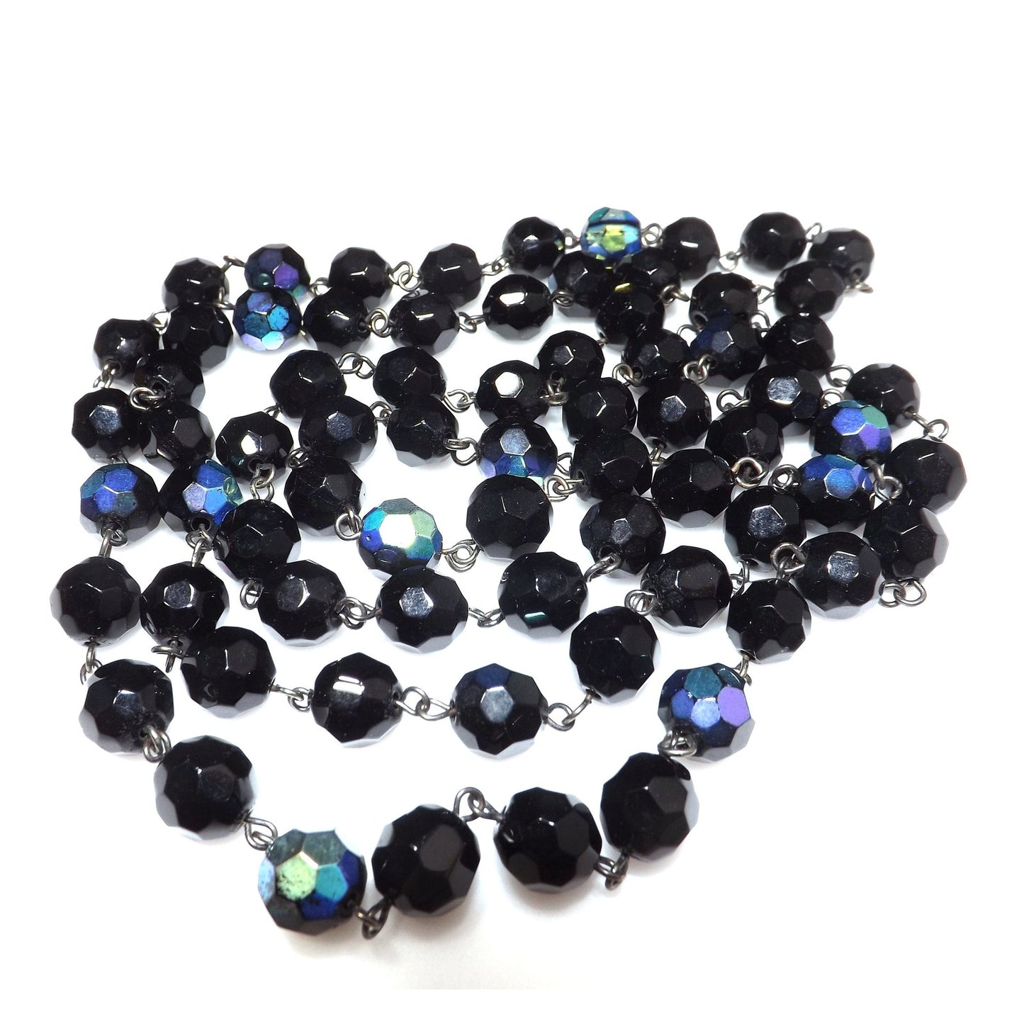 Long Black Crystal Beaded Necklace, Aurora Borealis, No Clasp, 1970s Vintage Jewelry