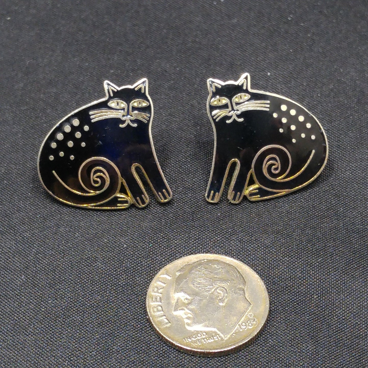 Vintage Laurel Burch "Keshire Cat" Black Post Earrings, Gold Plated