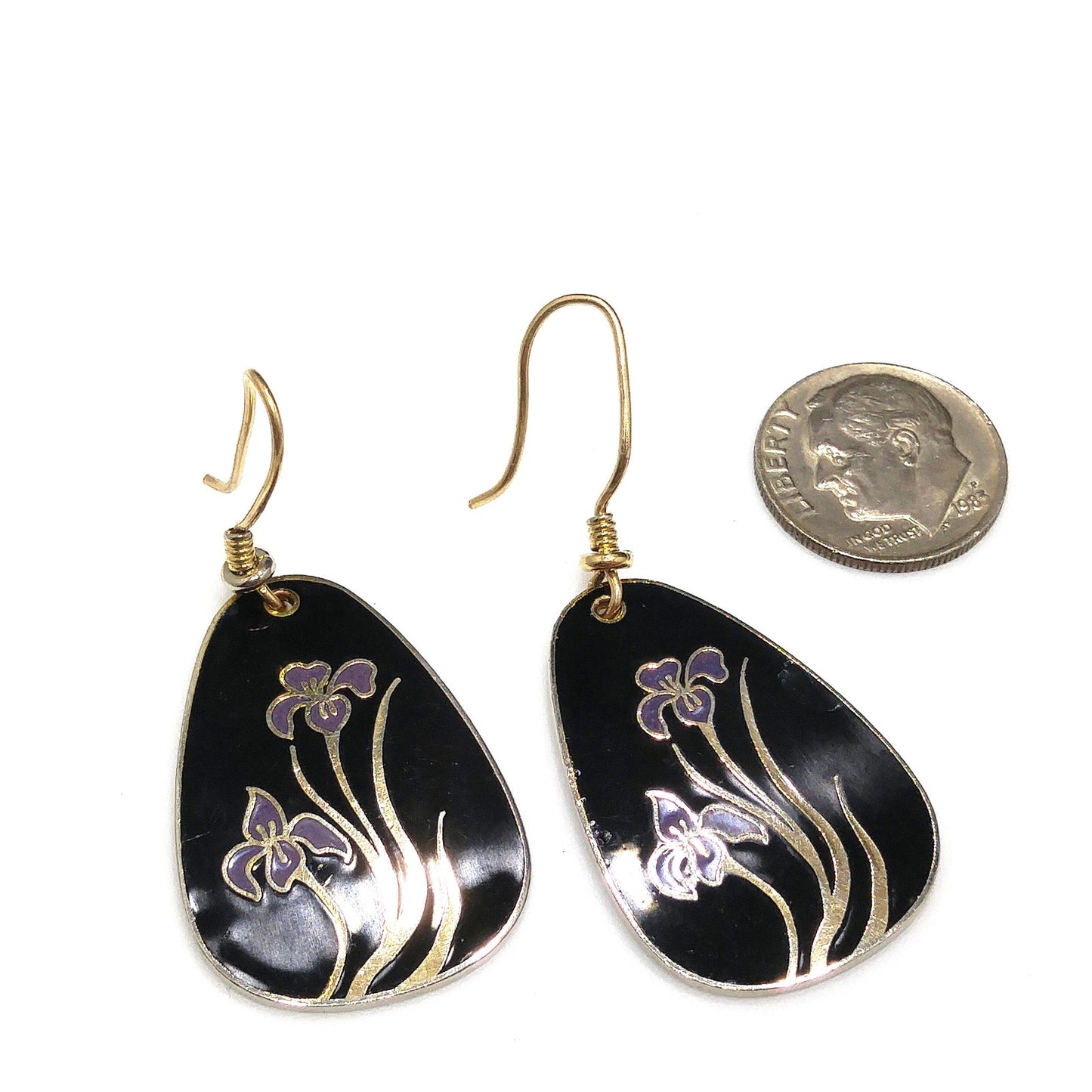 Vintage Laurel Burch Black Enamel Purple Lily Earrings, Gold Plated