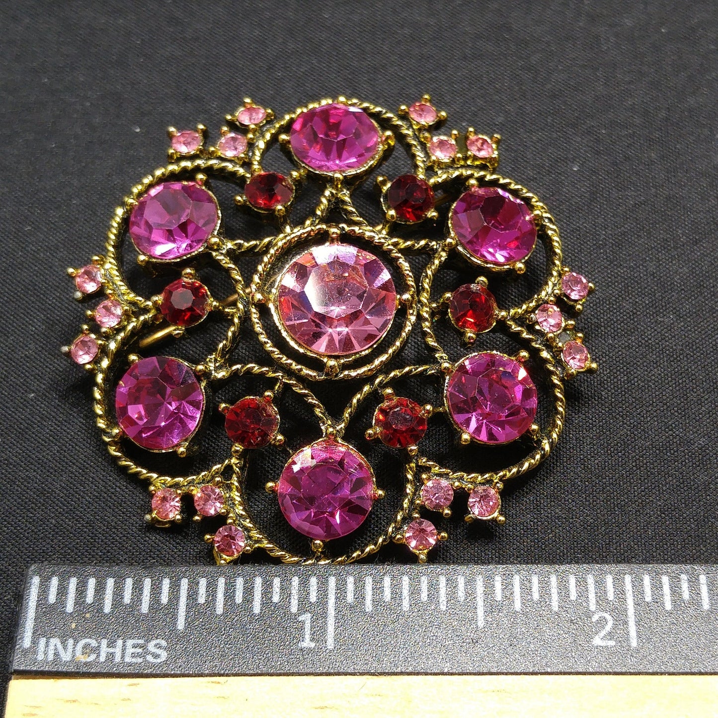 Weiss Pink Rhinestone Brooch, Antique Gold Rope Pin, 1960s Vintage Jewelry