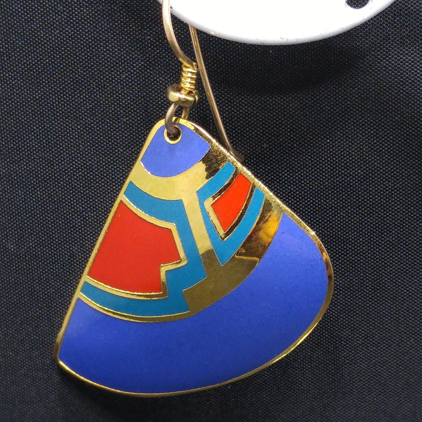 Vintage Laurel Burch Fan Earrings, Blue Red Teal Enamel, Gold Plated